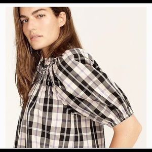 NWT J. Crew Smocked Neck Puff-Sleeve Checkered Plaid Blouse